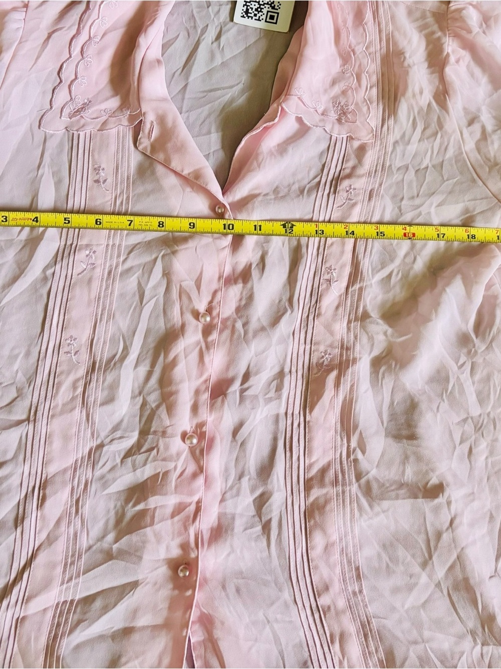 Sheer Vintage Sz 12 Light Pink Button-Front Puff Sleeve Embroidered Blouse - Picture 11 of 12